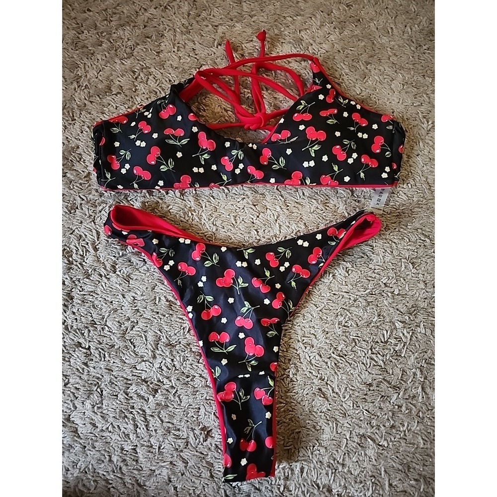 Two Piece Bikini Swimsuit Women's US Size S Thong High Cut Black W/Cherries NWOT